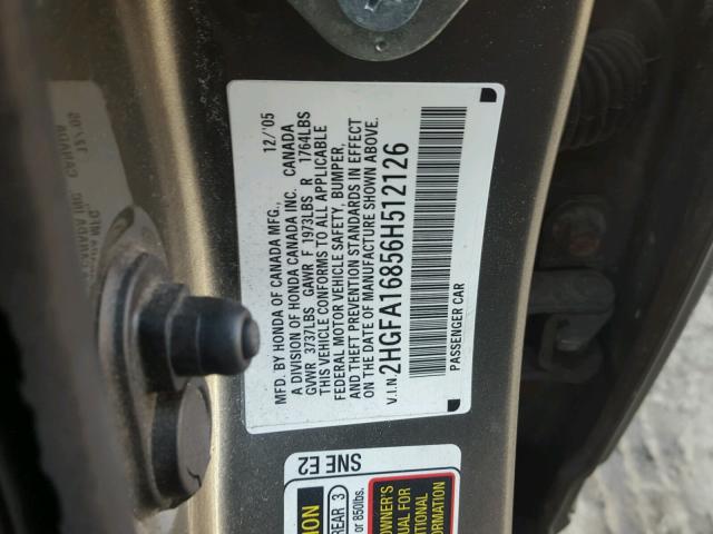 2HGFA16856H512126 - 2006 HONDA CIVIC EX GRAY photo 10