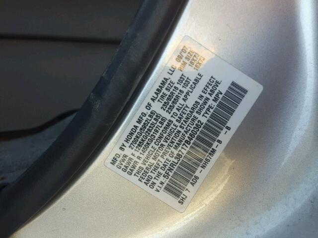 5FNRL38717B460362 - 2007 HONDA ODYSSEY EX SILVER photo 10