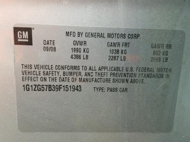 1G1ZG57B39F151943 - 2009 CHEVROLET MALIBU LS SILVER photo 10