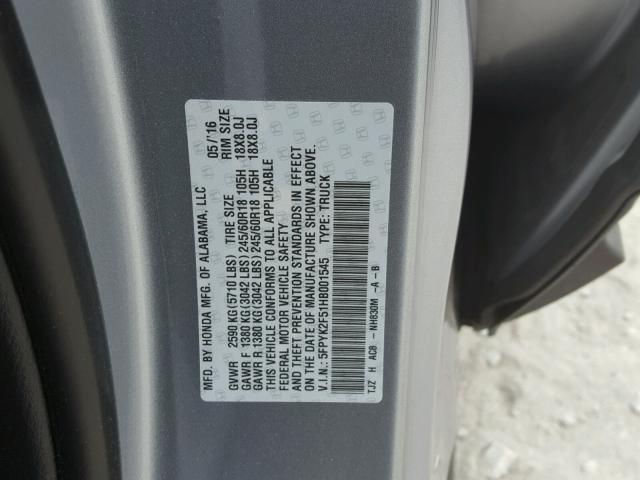 5FPYK2F51HB001545 - 2017 HONDA RIDGELINE SILVER photo 10