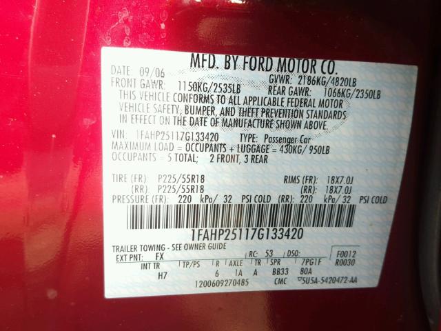 1FAHP25117G133420 - 2007 FORD FIVE HUNDR RED photo 10