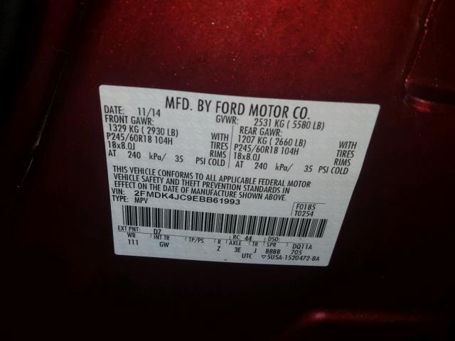 2FMDK4JC9EBB61993 - 2014 FORD EDGE SEL BURGUNDY photo 10