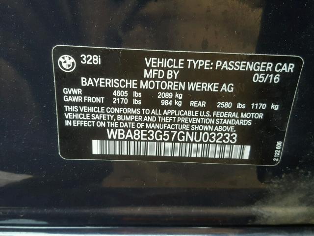 WBA8E3G57GNU03233 - 2016 BMW 328 XI SUL BLUE photo 10