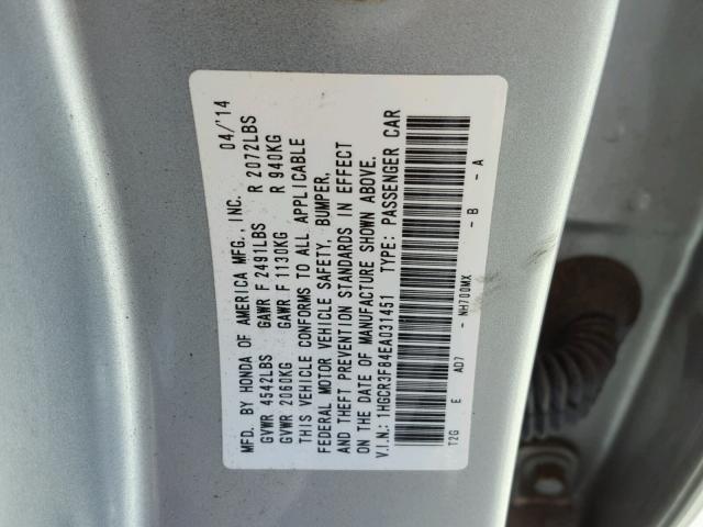 1HGCR3F84EA031451 - 2014 HONDA ACCORD EXL SILVER photo 10