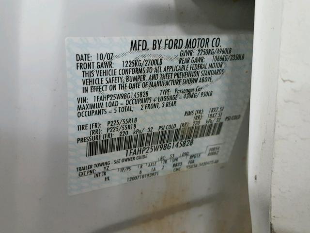 1FAHP25W98G145828 - 2008 FORD TAURUS LIM WHITE photo 10