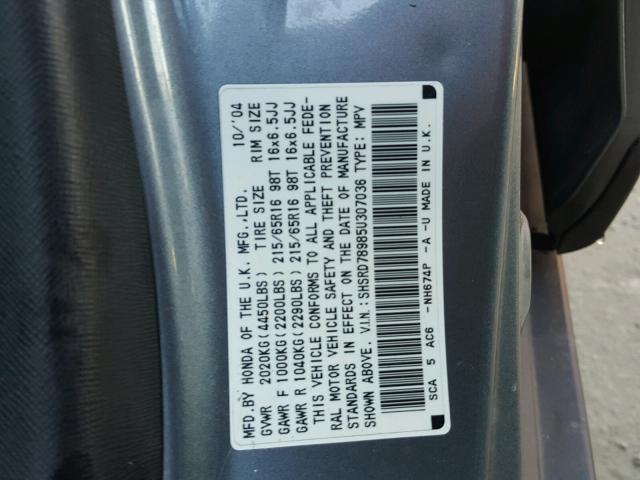 SHSRD78985U307036 - 2005 HONDA CR-V SE GRAY photo 10