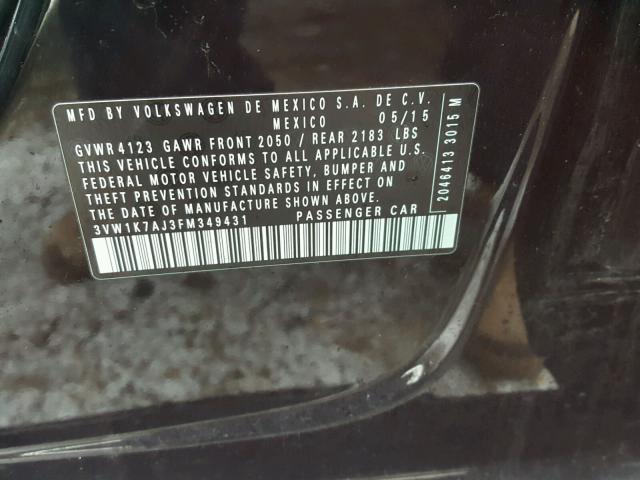 3VW1K7AJ3FM349431 - 2015 VOLKSWAGEN JETTA BASE 黑色 照片 10