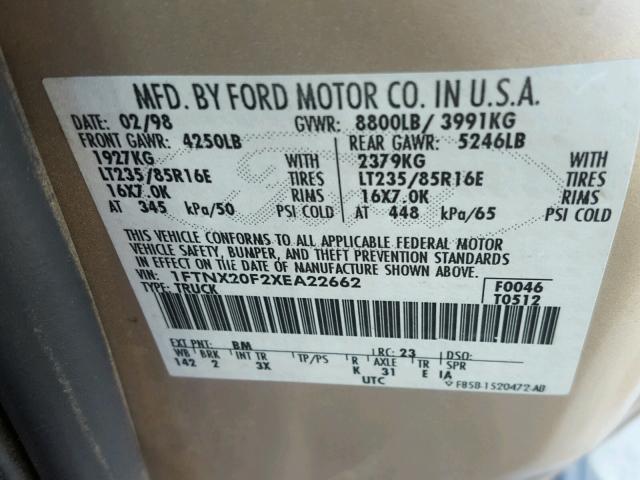 1FTNX20F2XEA22662 - 1999 FORD F250 SUPER GOLD photo 10