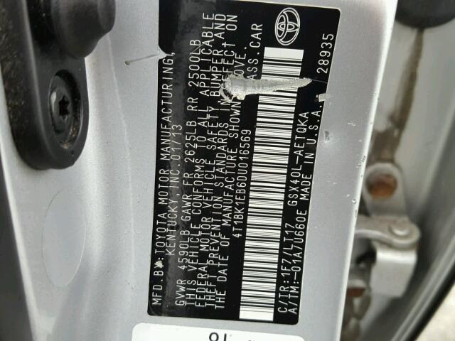 4T1BK1EB6DU016569 - 2013 TOYOTA AVALON BAS SILVER photo 10
