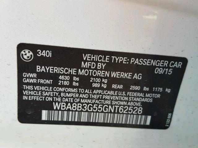 WBA8B3G55GNT62528 - 2016 BMW 340 I Weiß Foto 10
