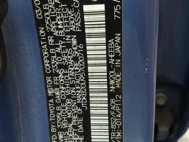 JTDKB20U957020716 - 2005 TOYOTA PRIUS BLUE photo 10