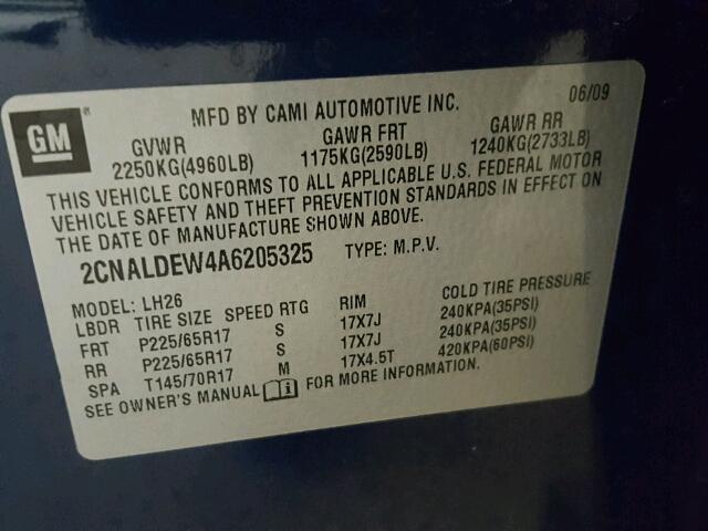 2CNALDEW4A6205325 - 2010 CHEVROLET EQUINOX LT BLUE photo 10