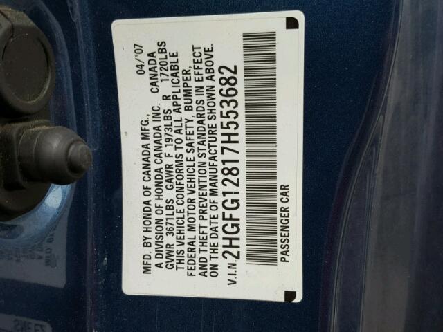 2HGFG12817H553682 - 2007 HONDA CIVIC EX ლურჯი ფოტო 10