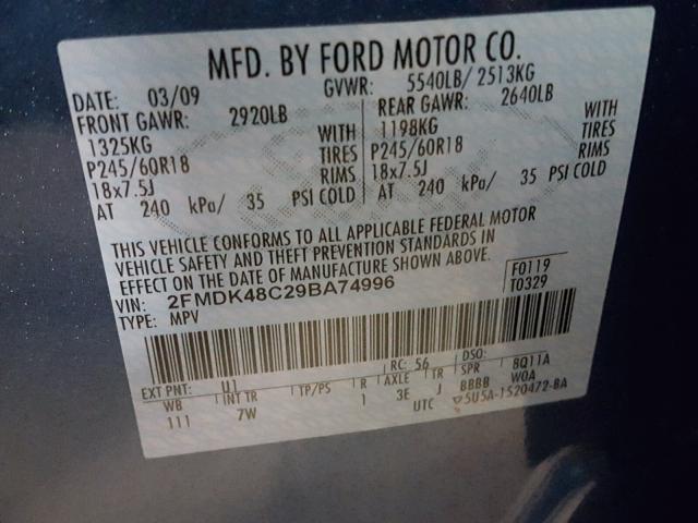 2FMDK48C29BA74996 - 2009 FORD EDGE SEL BLUE photo 10