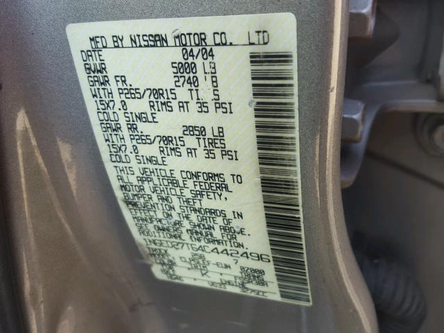 1N6ED27T64C442496 - 2004 NISSAN FRONTIER C TAN photo 10