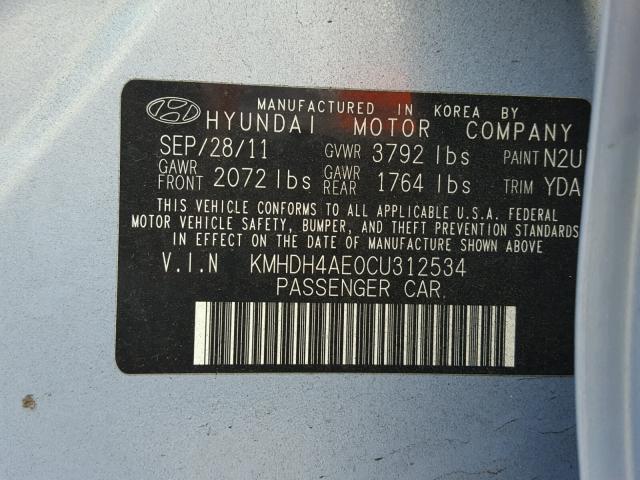 KMHDH4AE0CU312534 - 2012 HYUNDAI ELANTRA GL BLUE photo 10