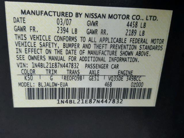 1N4BL21E87N447832 - 2007 NISSAN ALTIMA 3.5 GRAY photo 10