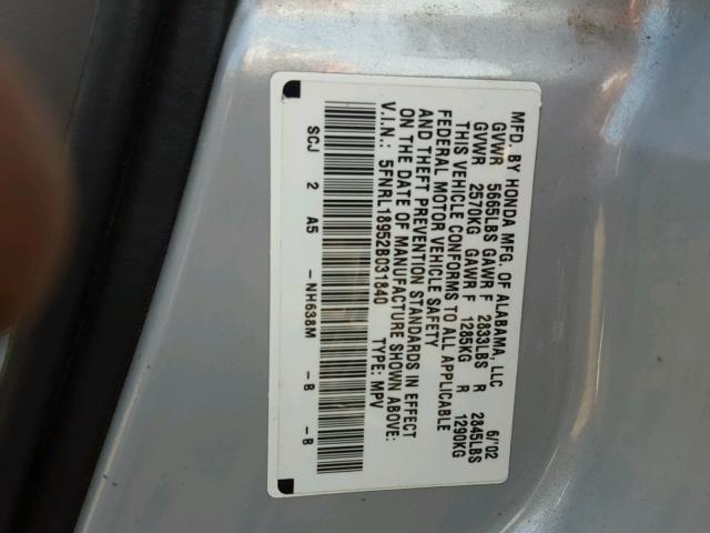 5FNRL18952B031840 - 2002 HONDA ODYSSEY EX SILVER photo 10