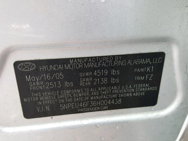 5NPEU46F36H004438 - 2006 HYUNDAI SONATA GLS SILVER photo 10