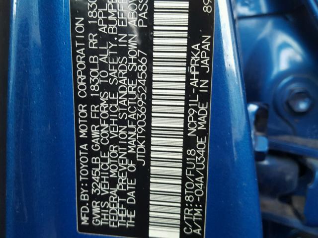 JTDKT903695245867 - 2009 TOYOTA YARIS BLUE photo 10