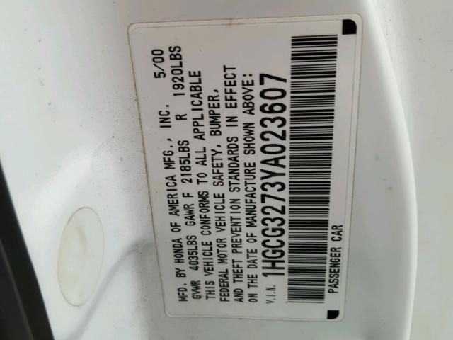 1HGCG3273YA023607 - 2000 HONDA ACCORD EX WHITE photo 10