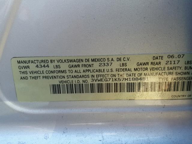 3VWEG71K57M188481 - 2007 VOLKSWAGEN JETTA WOLF SILVER photo 10