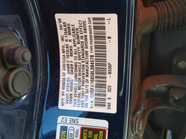 1HGFA16858L084578 - 2008 HONDA CIVIC EX BLUE photo 10