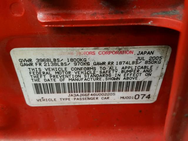 JA3AJ66F46U002205 - 2006 MITSUBISHI LANCER RAL RED photo 10