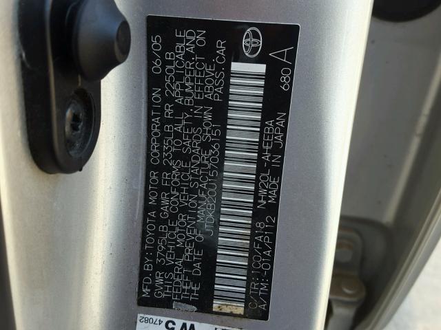 JTDKB20U157036151 - 2005 TOYOTA PRIUS SILVER photo 10