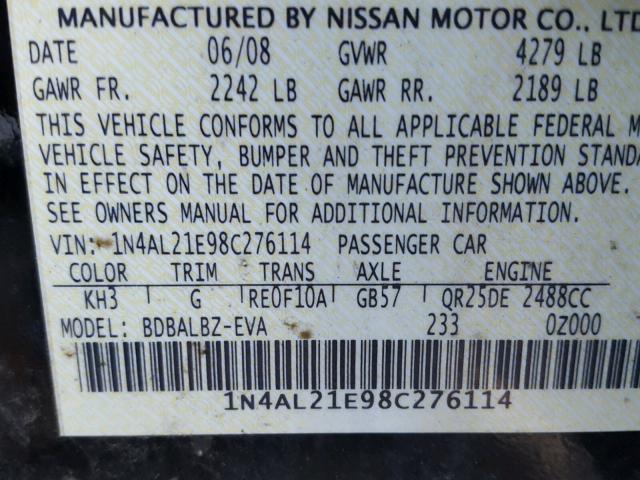 1N4AL21E98C276114 - 2008 NISSAN ALTIMA 2.5 BLACK photo 10