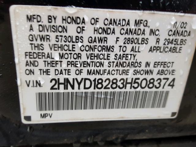 2HNYD18283H508374 - 2003 ACURA MDX BLACK photo 10