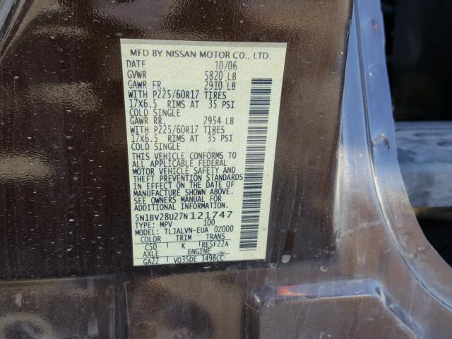 5N1BV28U27N121747 - 2007 NISSAN QUEST S BROWN photo 10