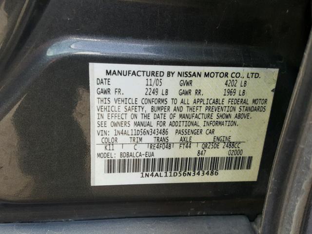 1N4AL11D56N343486 - 2006 NISSAN ALTIMA S CHARCOAL photo 10