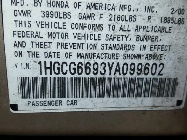 1HGCG6693YA099602 - 2000 HONDA ACCORD SE TAN photo 10