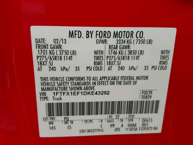 1FTFX1EF1DKE43292 - 2013 FORD F150 SUPER RED photo 10