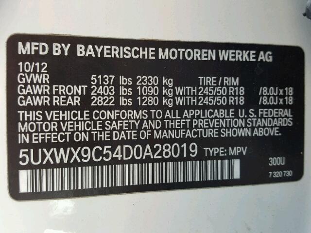 5UXWX9C54D0A28019 - 2013 BMW X3 XDRIVE2 WHITE photo 10