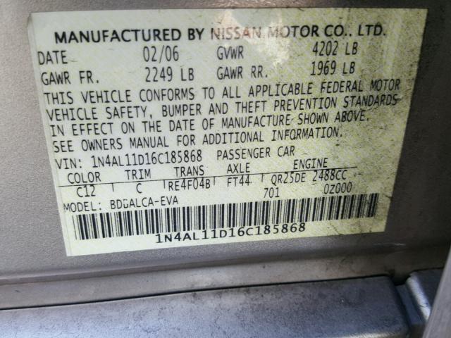 1N4AL11D16C185868 - 2006 NISSAN ALTIMA S GOLD photo 10