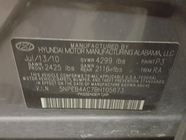 5NPEB4AC7BH105673 - 2011 HYUNDAI SONATA GLS GRAY photo 10