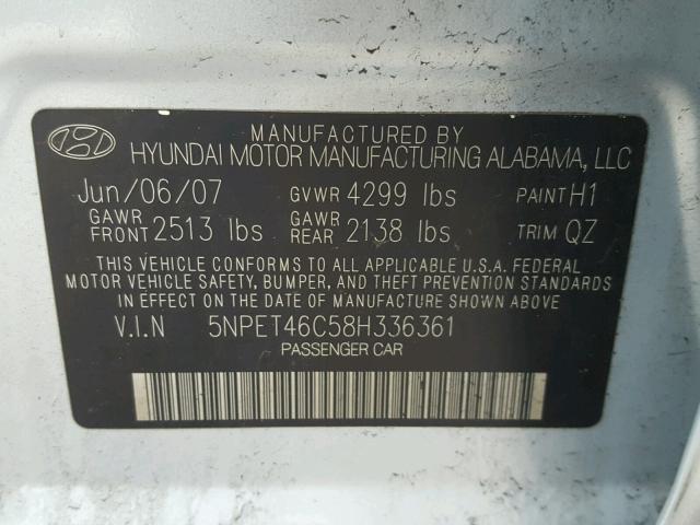 5NPET46C58H336361 - 2008 HYUNDAI SONATA SILVER photo 10