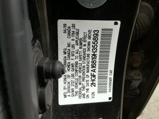 2HGFA16819H355893 - 2009 HONDA CIVIC EX BLACK photo 10