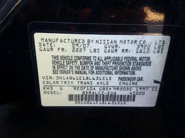 3N1AB61E18L631515 - 2008 NISSAN SENTRA 2.0 BLACK photo 10