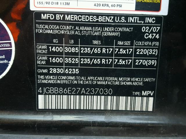 4JGBB86E27A237030 - 2007 MERCEDES-BENZ ML 350 BLACK photo 10