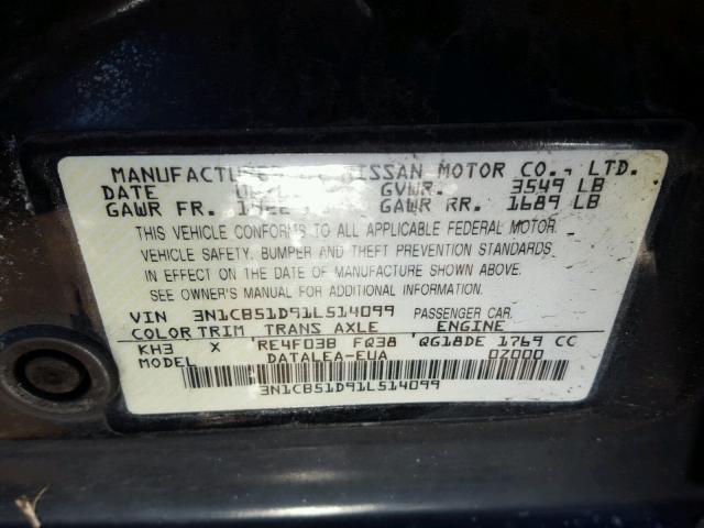 3N1CB51D91L514099 - 2001 NISSAN SENTRA XE BLACK photo 10