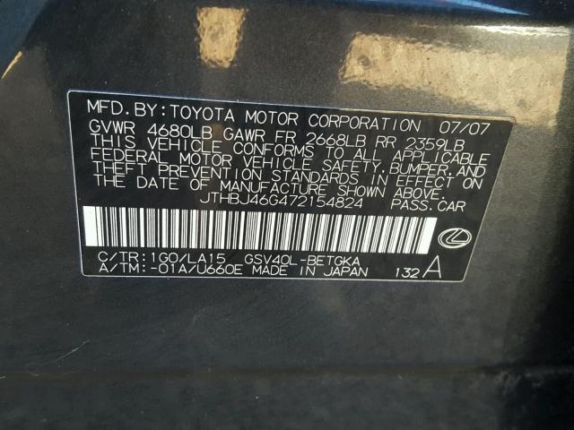 JTHBJ46G472154824 - 2007 LEXUS ES 350 BLACK photo 10