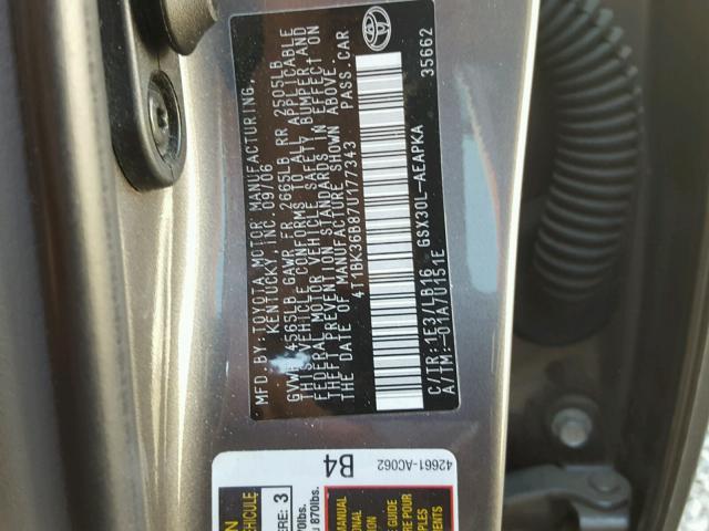 4T1BK36B87U177343 - 2007 TOYOTA AVALON XL GRAY photo 10