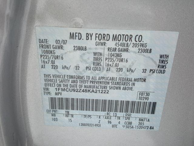 1FMCU92Z48KA21222 - 2008 FORD ESCAPE XLS SILVER photo 10