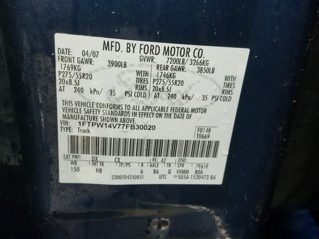 1FTPW14V77FB30020 - 2007 FORD F150 SUPER BLUE photo 10