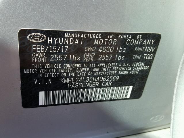 KMHE24L33HA062569 - 2017 HYUNDAI SONATA HYB SILVER photo 10