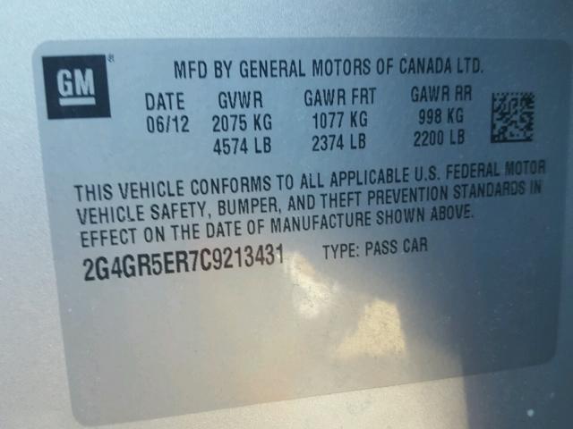 2G4GR5ER7C9213431 - 2012 BUICK REGAL GRAY photo 10