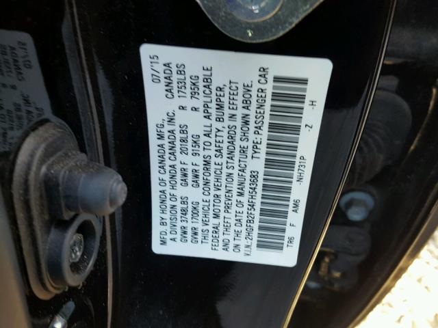 2HGFB2F54FH543683 - 2015 HONDA CIVIC LX BLACK photo 10